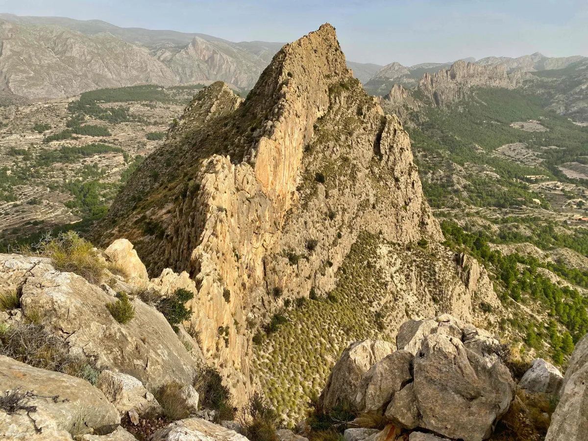 A view from near the top of El Realet One, looking at knife edge ridge and El Realet Two