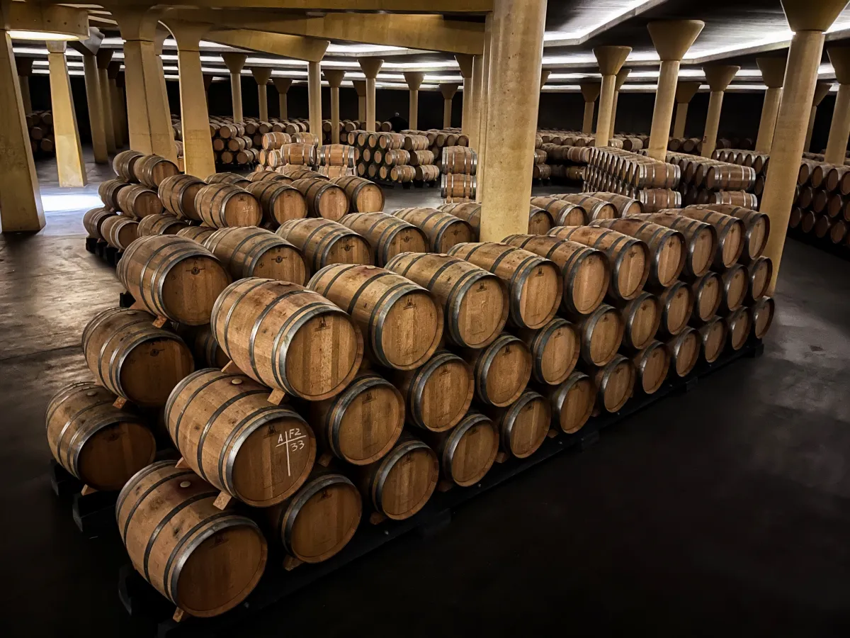 Groups of barrels stacked on top of each other in a basement