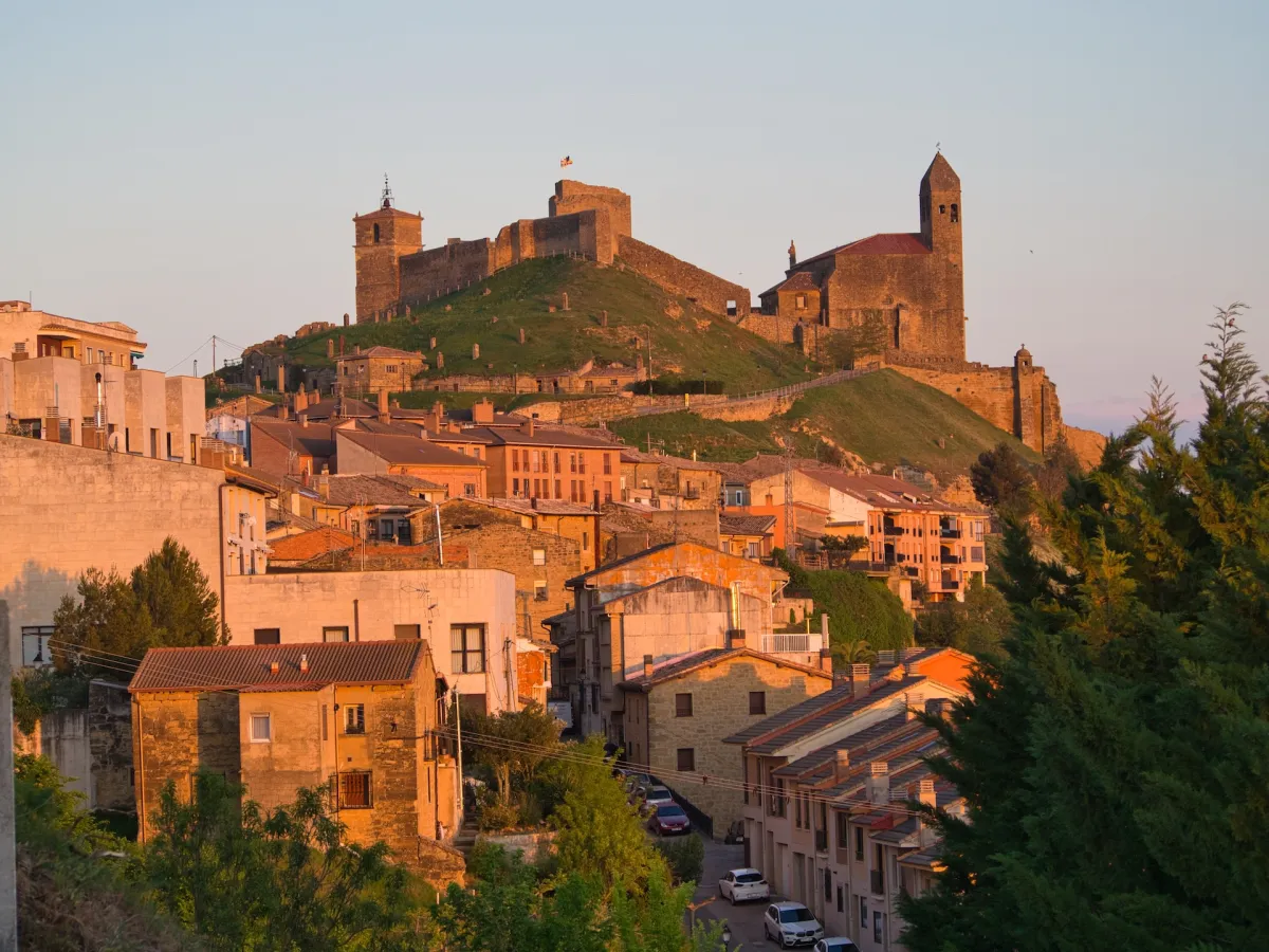 View of a small town on a hill consisting of beige buildings, with an impressive castle on top of the hill