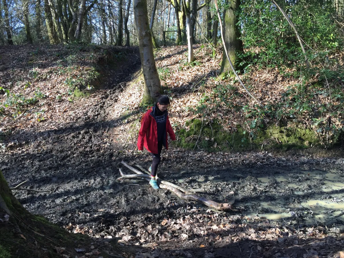 Wendy crossing the mud by walking on two big branches